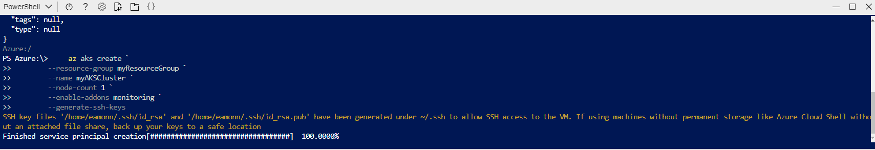 Screenshot of the Azure Cloud Shell with the azure cli command to create a cluster running